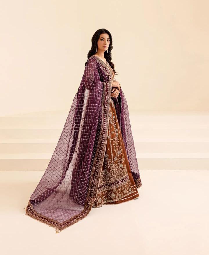 Farasha Luxury Net Embroidered Frock – 3PC Heavy Adda Work with Shamose Silk Trouser & Ready Dupatta