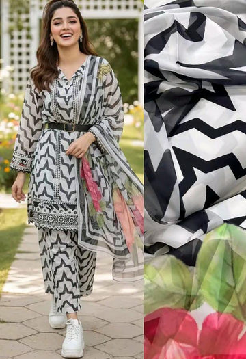 3PC Unstitched Swiss Lawn Suit – Digital Printed Shirt & Trouser with Silk Printed Dupatta (Trending Design)