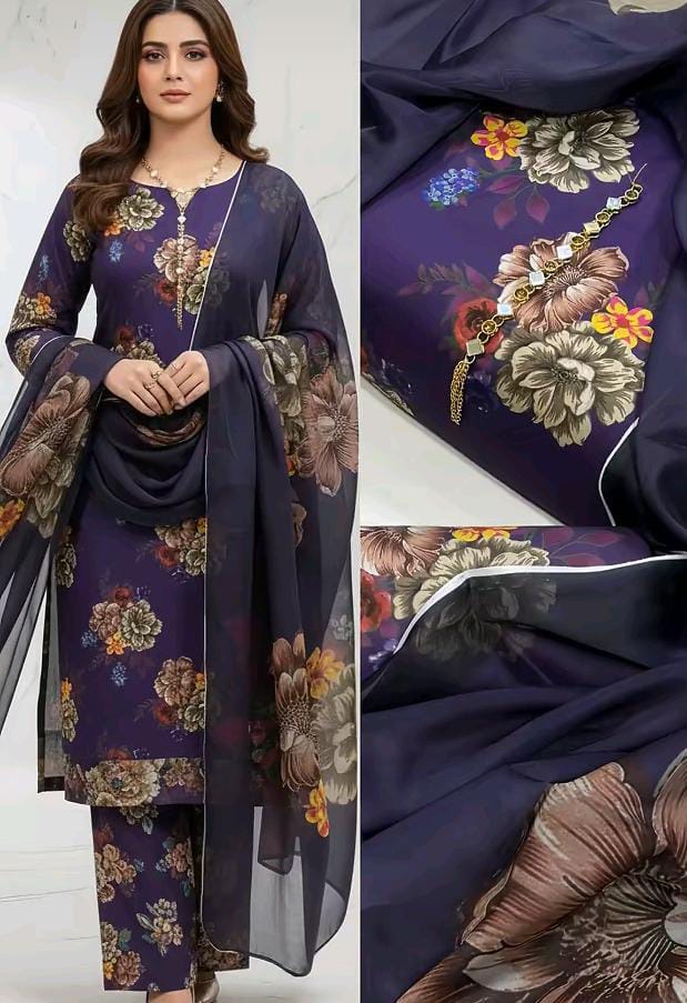 3PC Unstitched Swiss Lawn Suit – Digital Printed Shirt & Trouser with Silk Printed Dupatta (Trending Design)